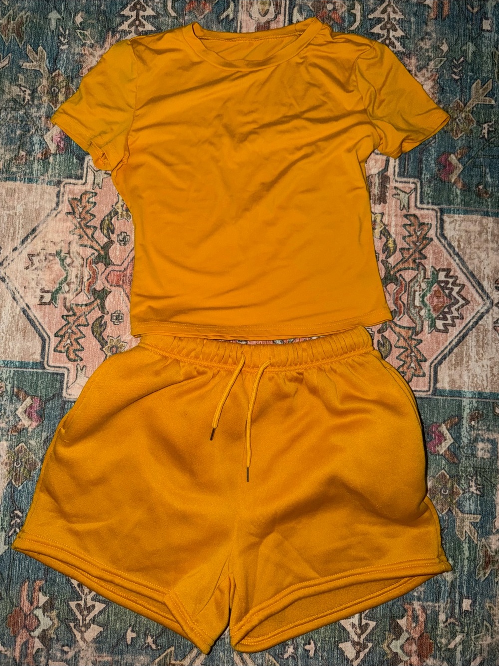 SHEIN Mustard Yellow Short Sleeve Tee & Drawstring Shorts Set